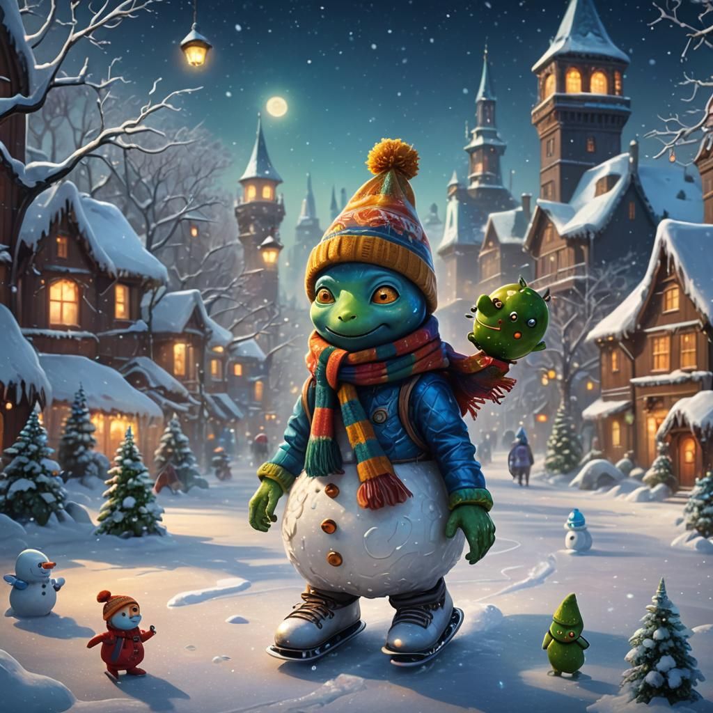 Cute Alien Snowman Builds with Pickles: Fantasy Art