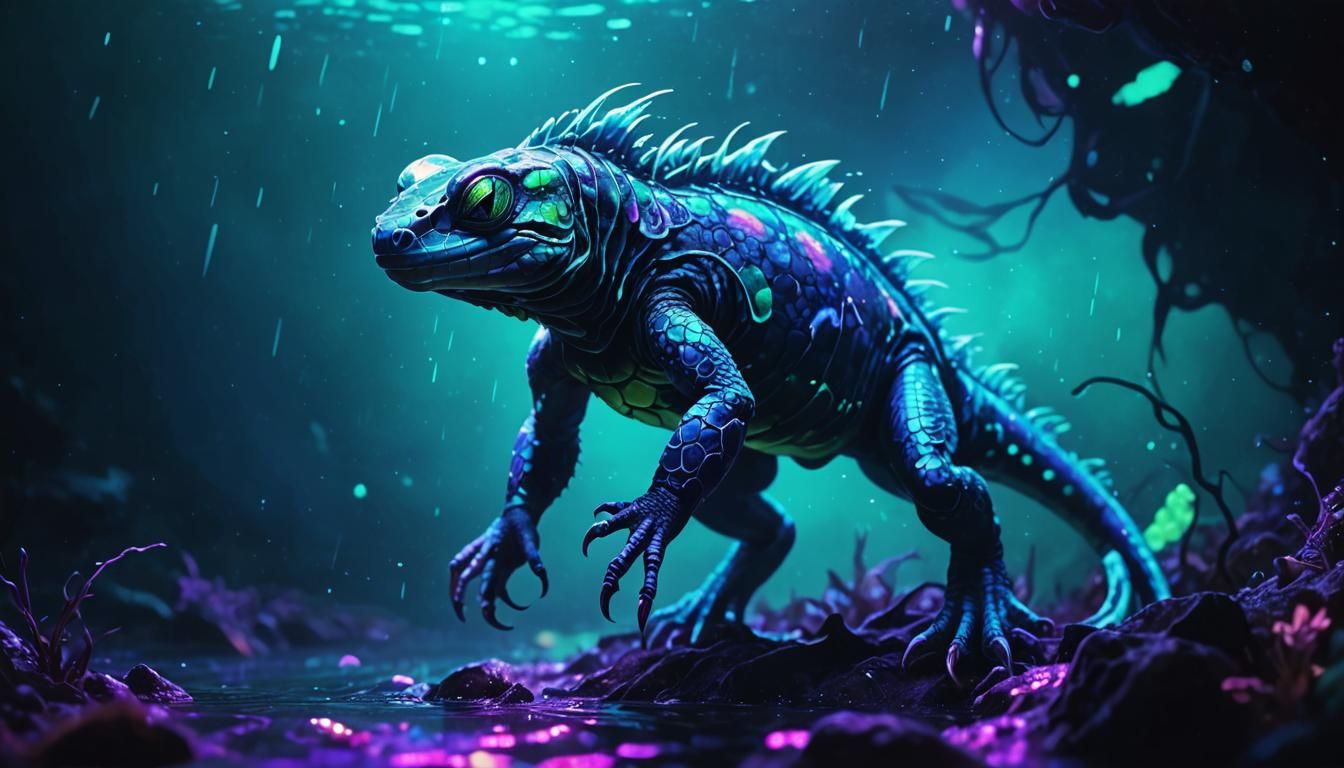 Bioluminescent Reptile in Abyss: Digital Art