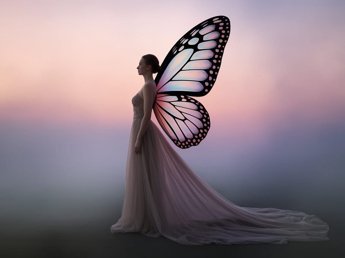 Ethereal Woman with Butterfly Wings at Dawn
