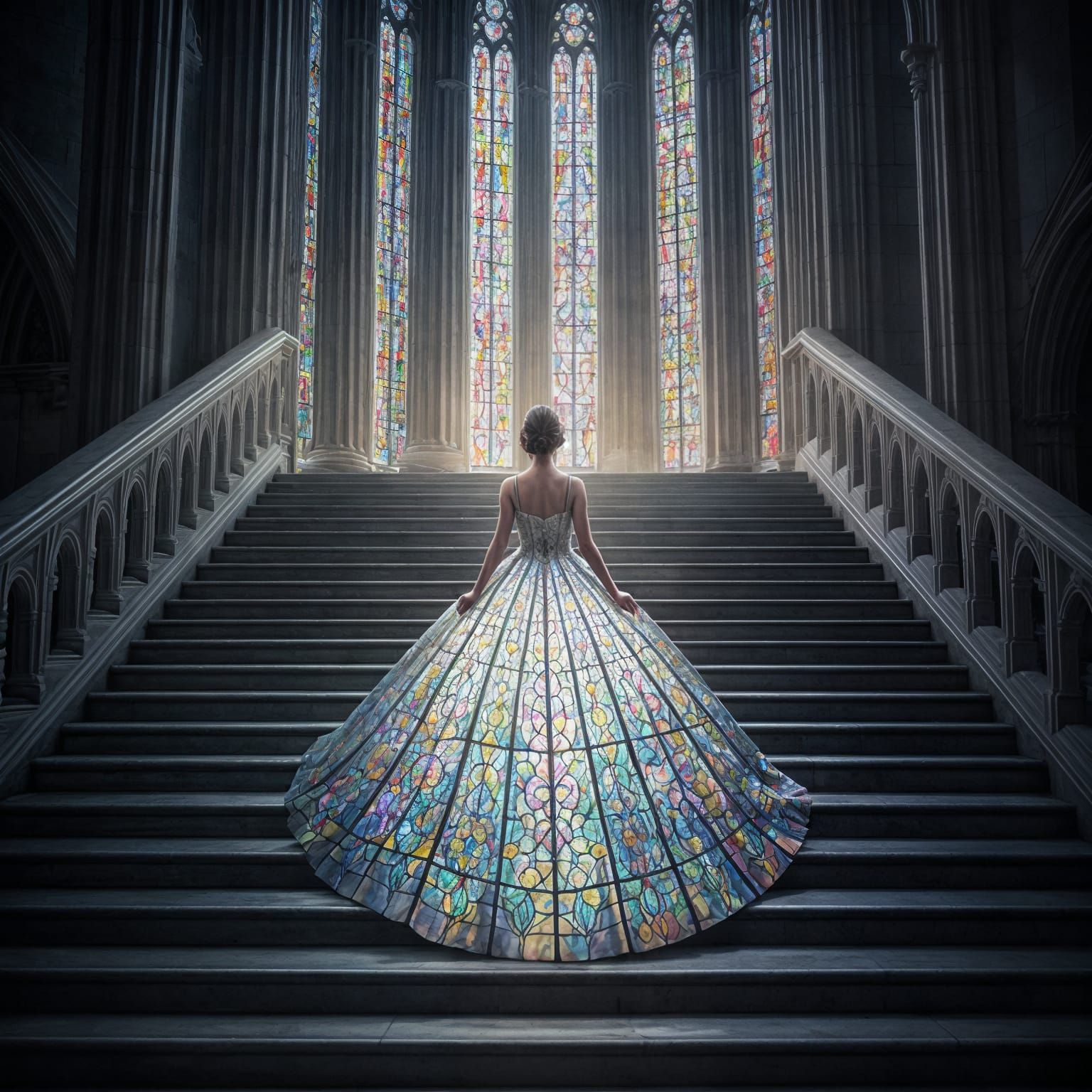 Regal Woman in Luminous Stained-Glass Gown on Cathedral Stai...
