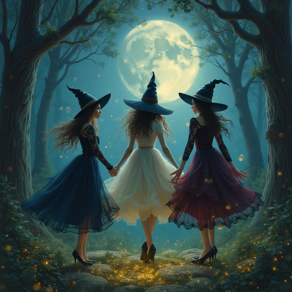 Mystical Witches Dance Under Moonlit Trees