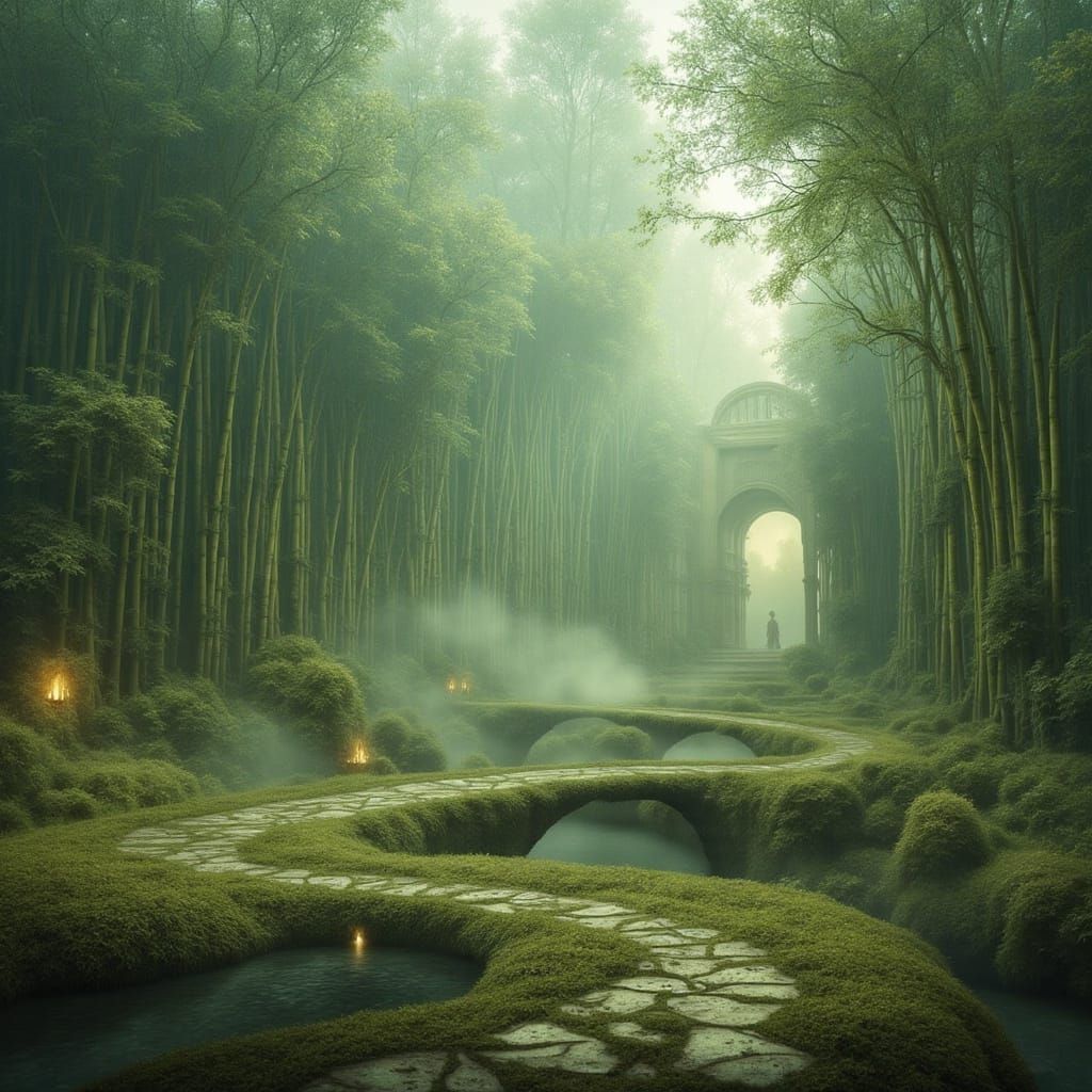 A mystical stone path through a bamboo forest.