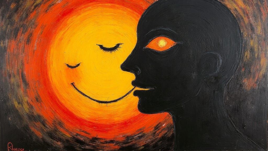 Surreal Smiley Face Sun in Abstract Style