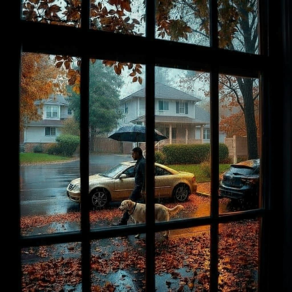 Autumn Rainy Day View Through Window