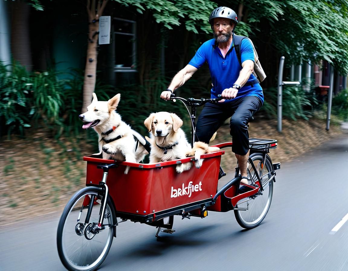 Man Rides Cargo Bicycle Transporting Dogs