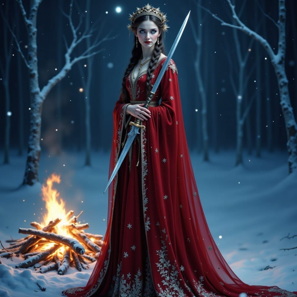 Tsarina in Starry Night Tundra with Fire