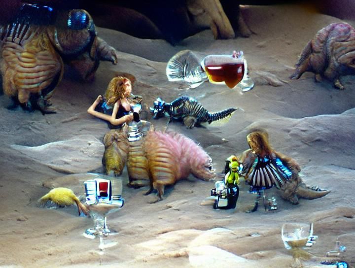 Barbarella Sharing Cocktails with Droids and Dimetrodon
