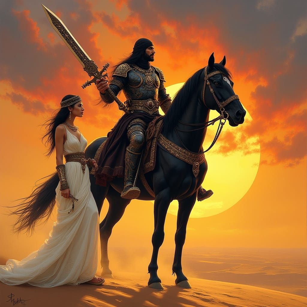 Epic Arab Warrior with Horse in Desert Sunset