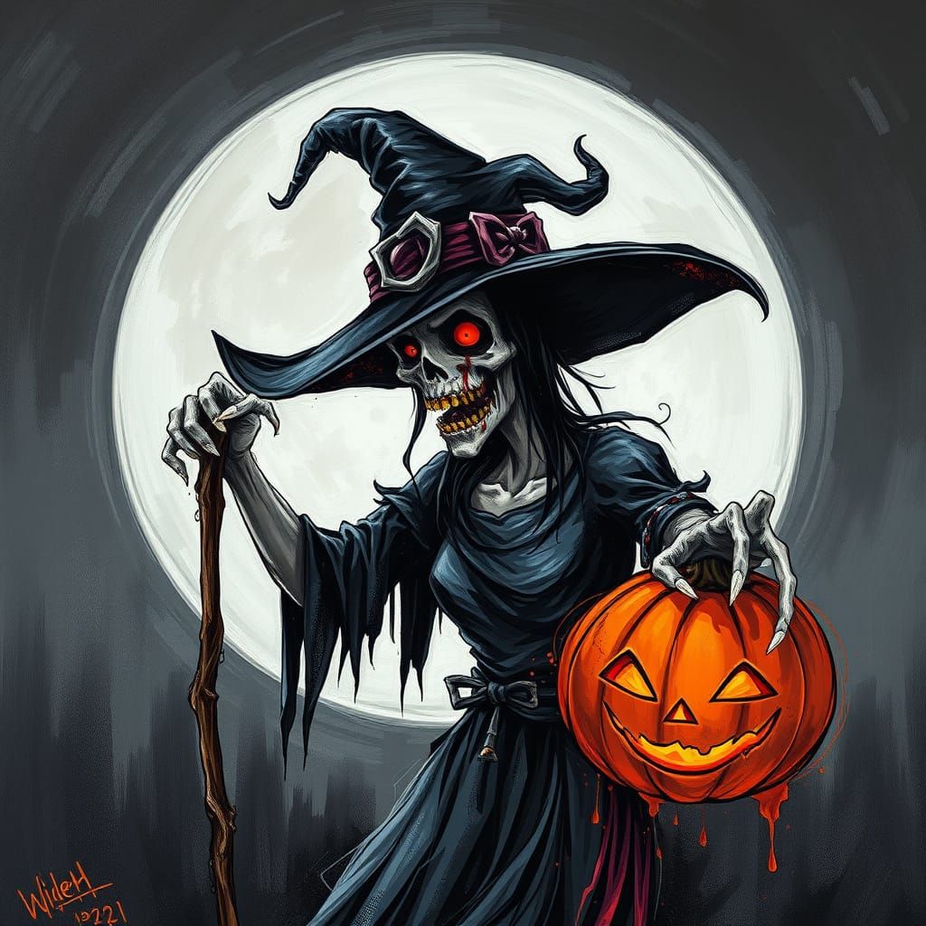 Halloween Zombie Witch Logo in Neo-Impressionist Style