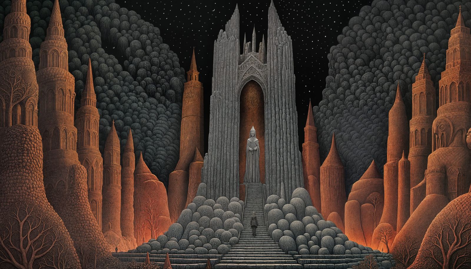 Monolith with Knights in Pointillism Style