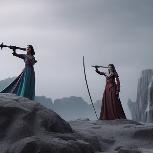 Ethereal Girls with Swords in Contrasting Colors