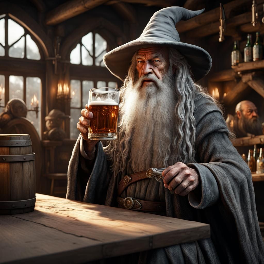 Gandalf the grey drinking a pint at a tavern