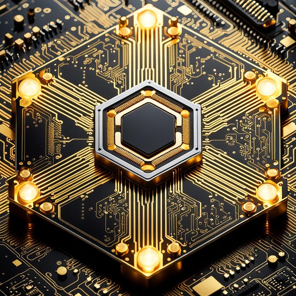 Hexagonal Processor with Golden Light on PCB