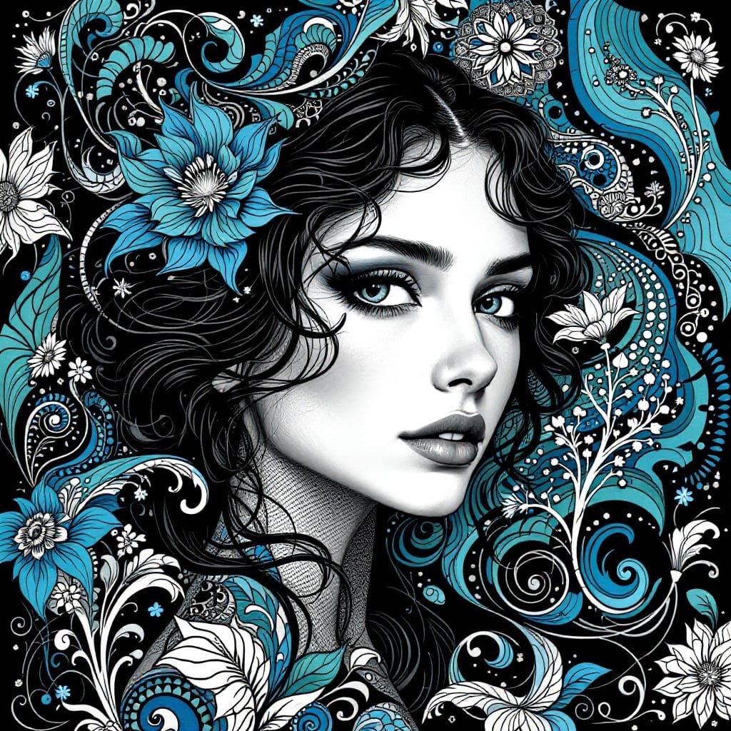 Elegant Art Nouveau Portrait in Black and White with Vibrant...
