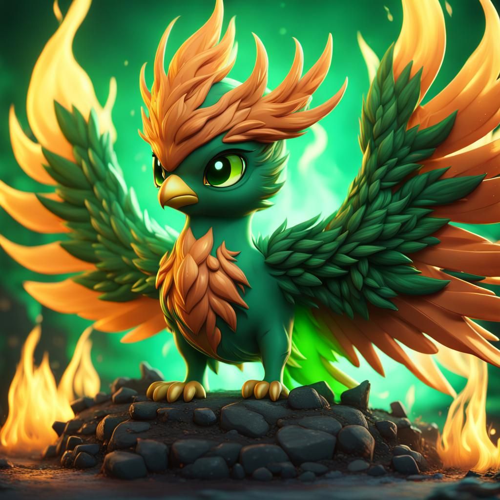 Chibi Green Flame Phoenix Fantasy Art
