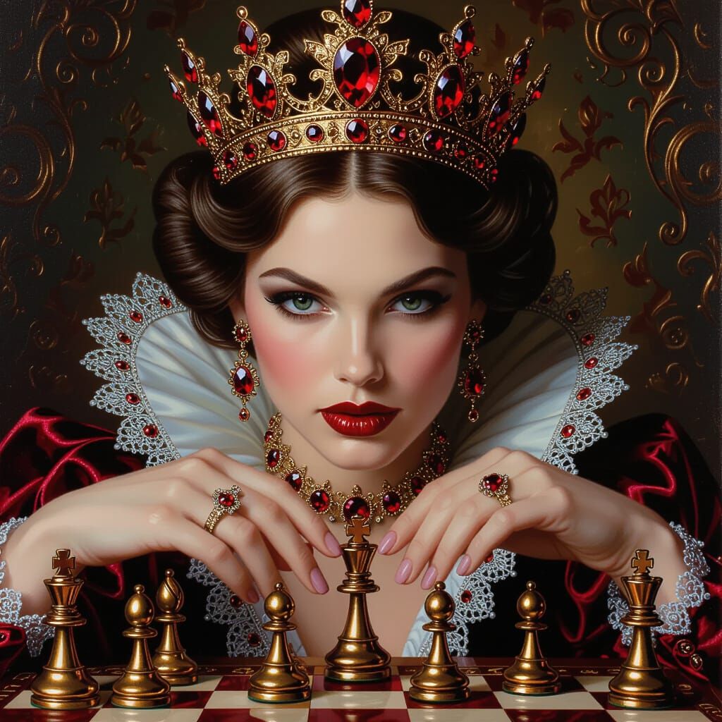 Queen of Hearts Manipulates Chess Pieces in Oil Painting