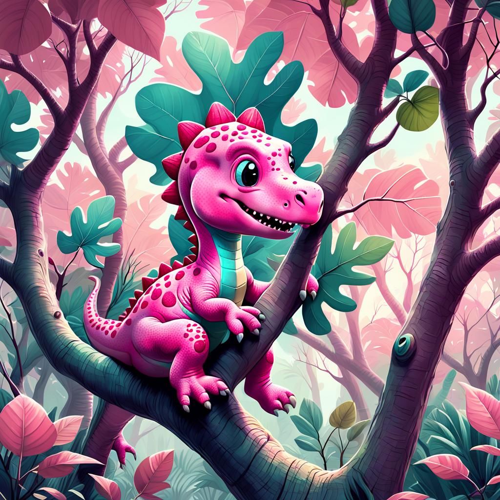 Playful Pink Dinosaur Climbs a Tree in Whimsical Digital Art