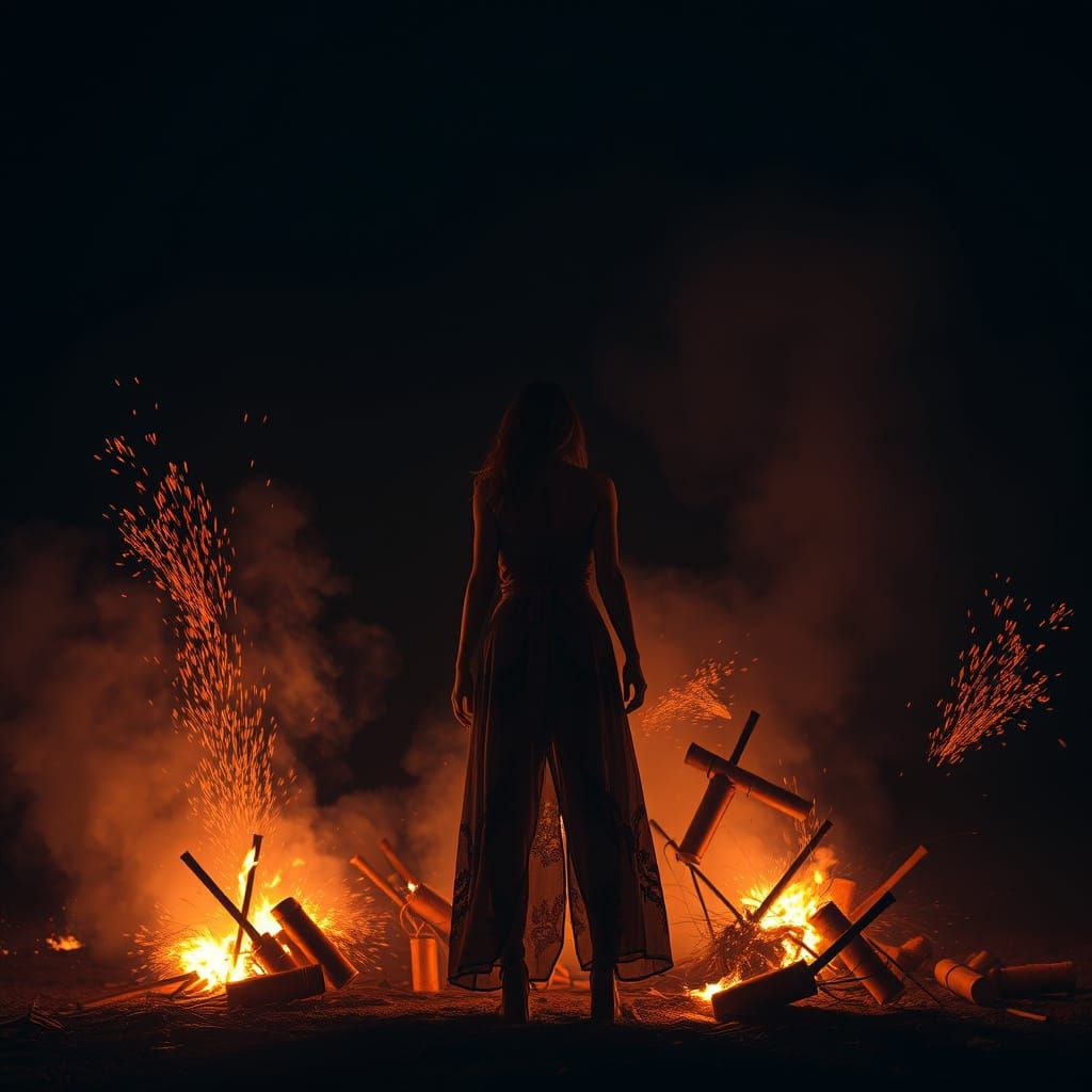 Cinematic Woman Amidst Dynamite Flames Under Dark Sky