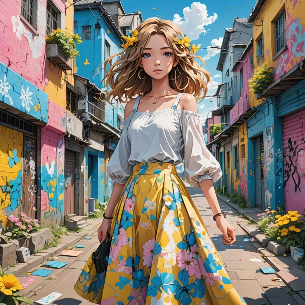 vibrant, wide-angle anime-style illustration of a girl stand...