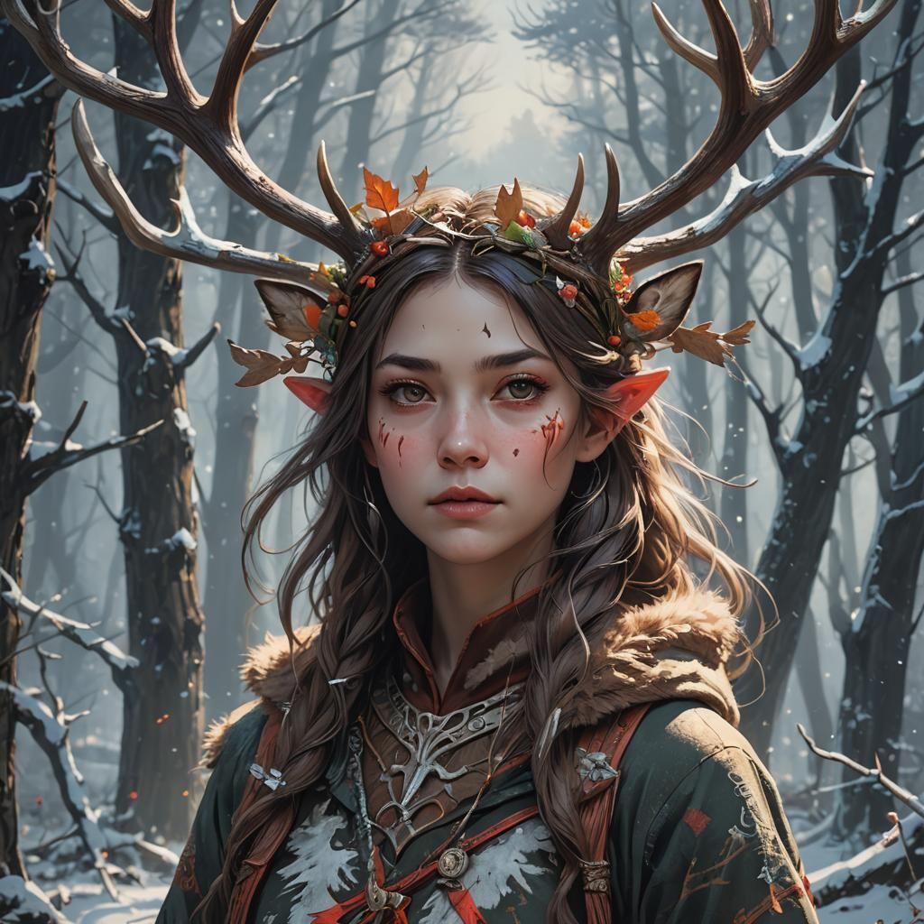 Woman with Antlers in Forest: Digital Illustration