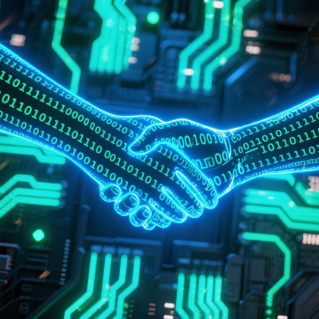 Digital Handshake Concept Art in Electric Blue and Neon Gree...