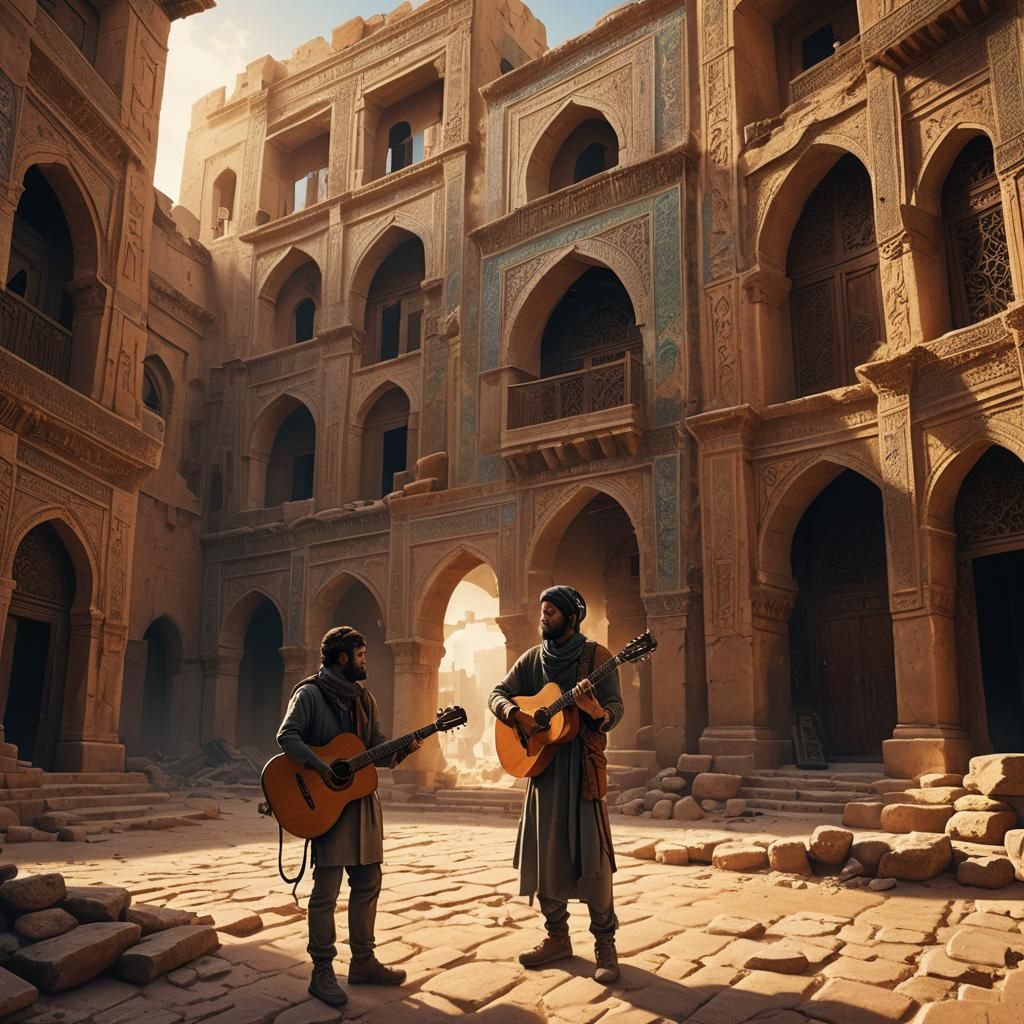 Wanderer on Ancient Arabic Buildings in Art Deco Style