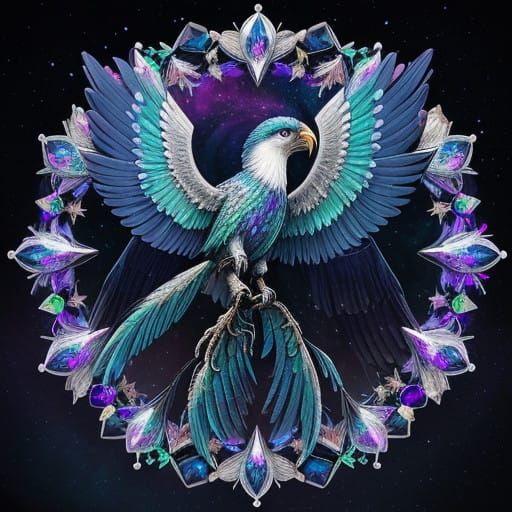 Iridescent Crystal Hawk Amidst Glittering Crystal Formation