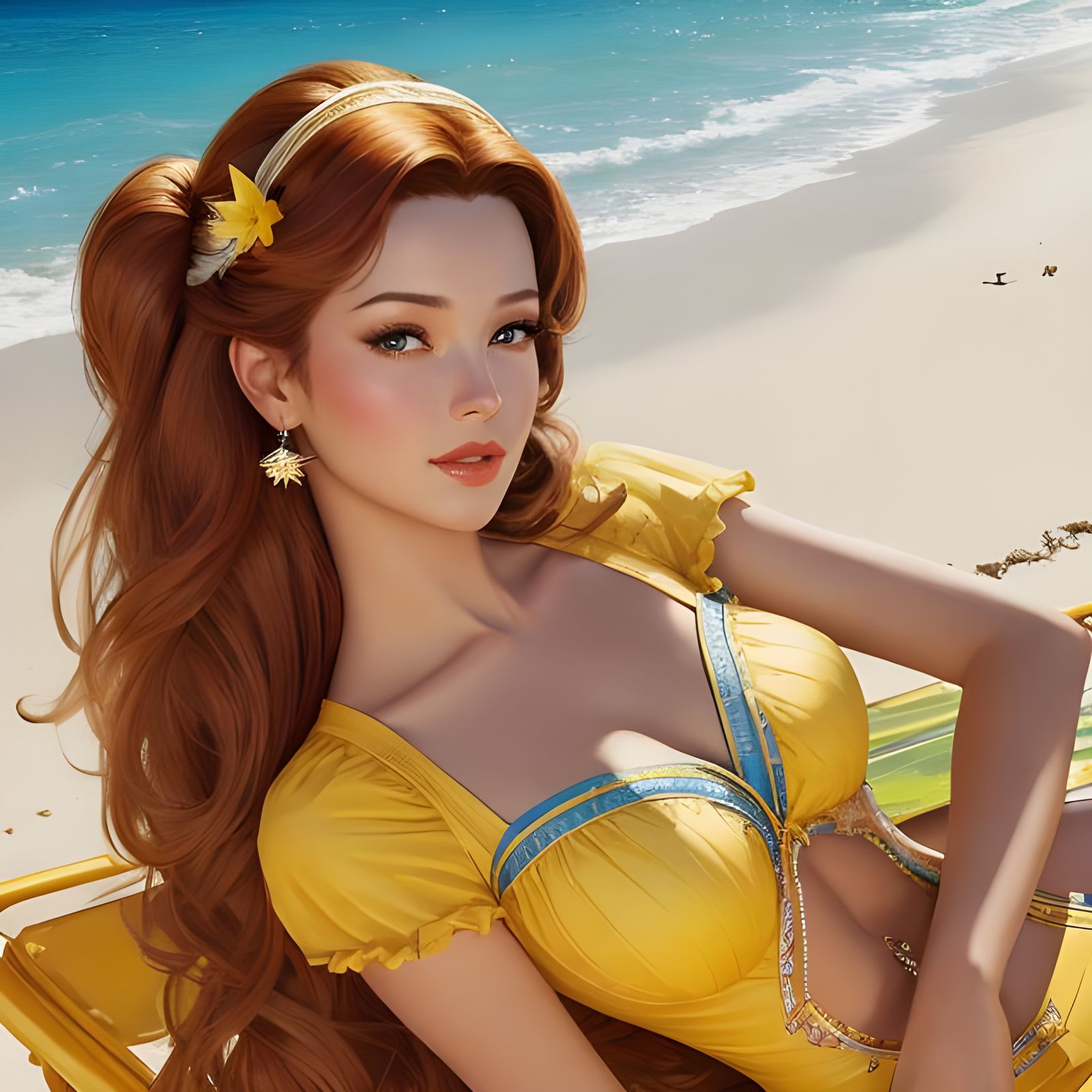 Belle in Yellow Swimsuit on Sunny Beach