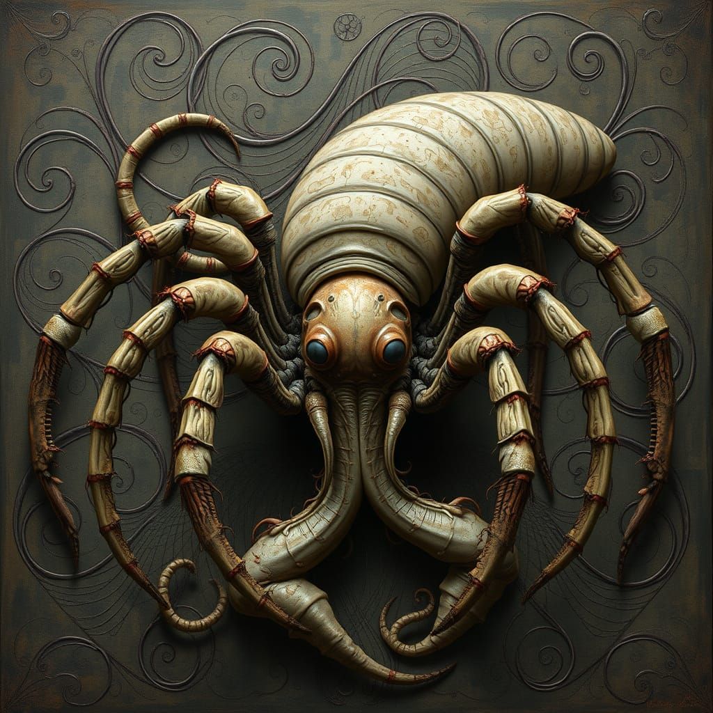 Biomechanical Slug Spider Hybrid in a Dreamlike Nightmare