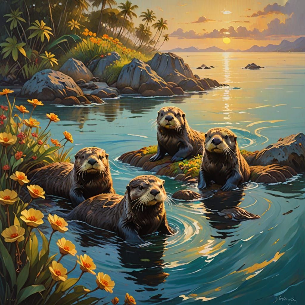 Sea Otters Discovering Island, Impressionist Oil Painting