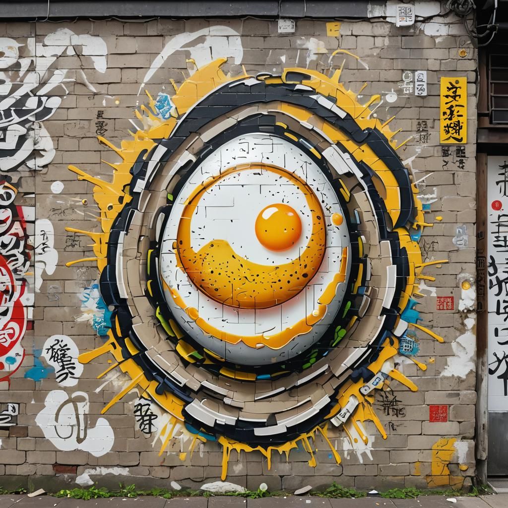 Vibrant Sunny-Side-Up Egg Graffiti in Urban Scene