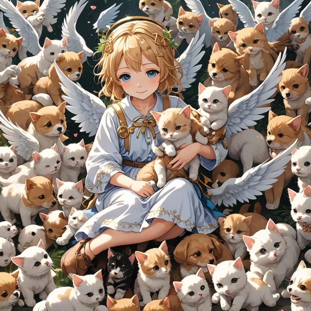 Anime Angel Surrounded by Puppies and Kittens