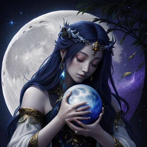 Celestial Woman Cradling Moon in Galaxy Sky