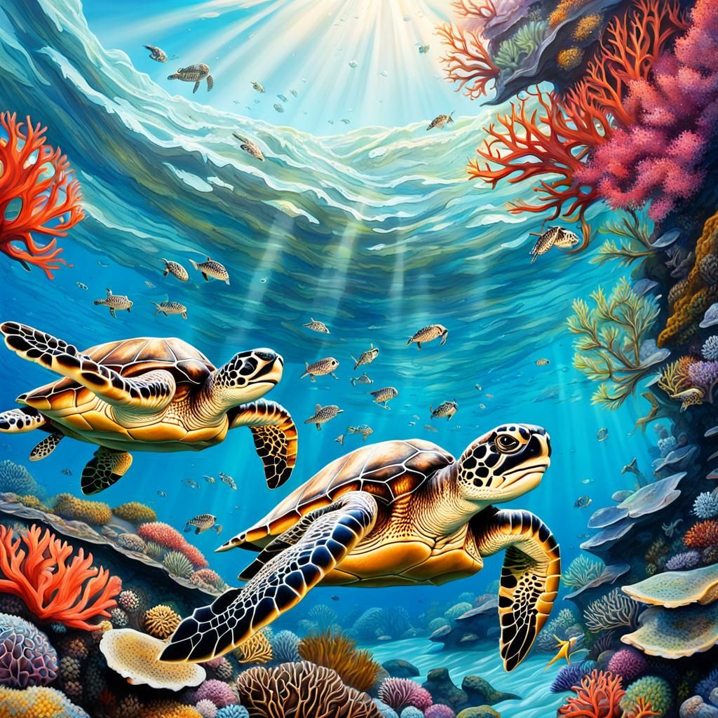 Sea Turtles in Coral Reef: Hyperrealistic Splash Art