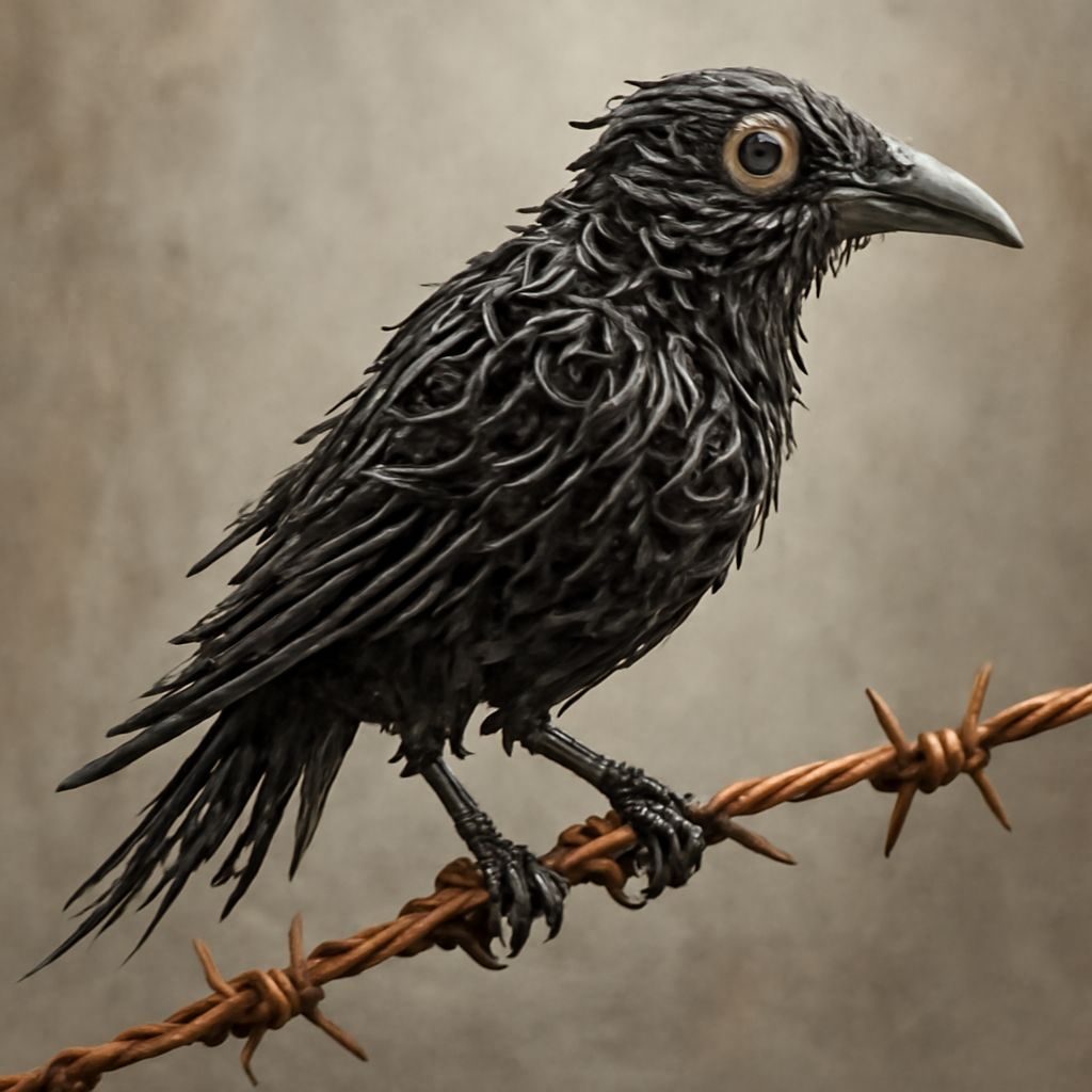Steampunk Metal Raven Sculpture on Barbed Copper Branch
