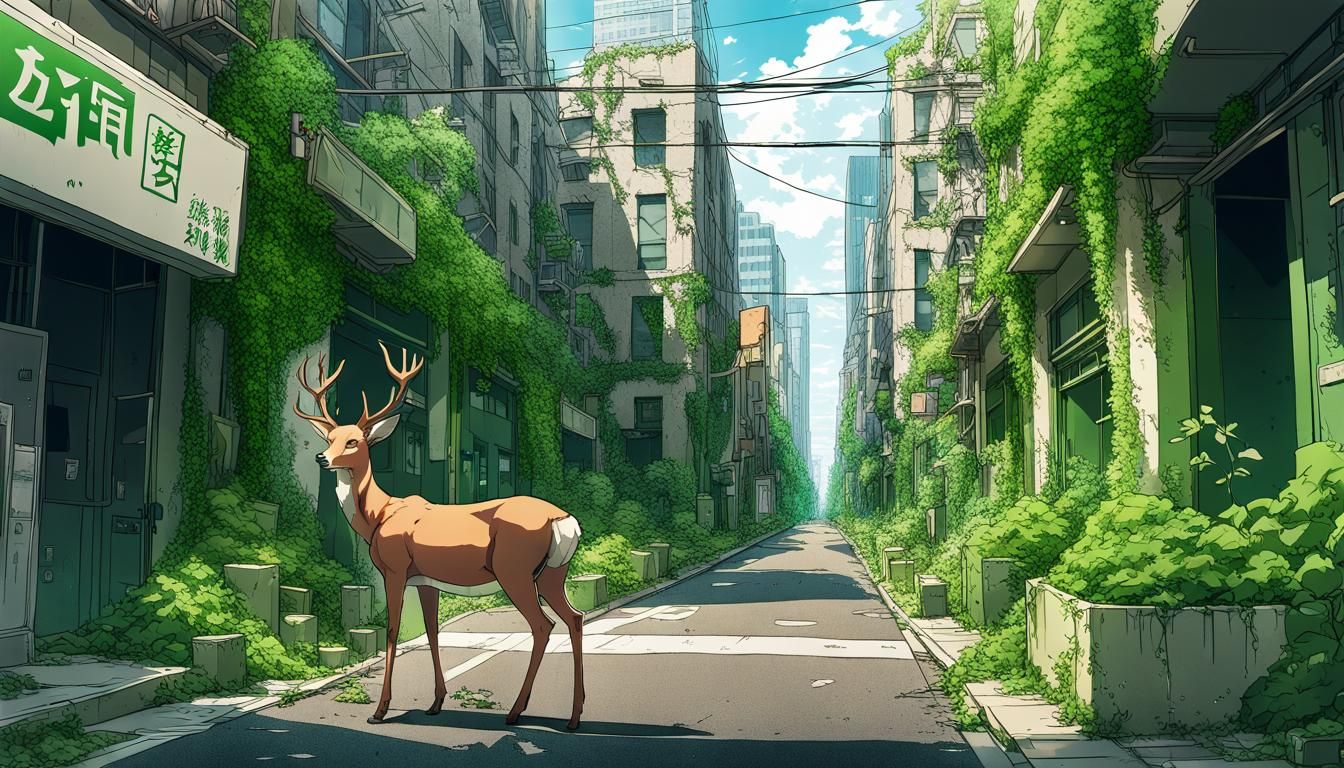 Deer in Green Post-Apocalyptic Cityscape