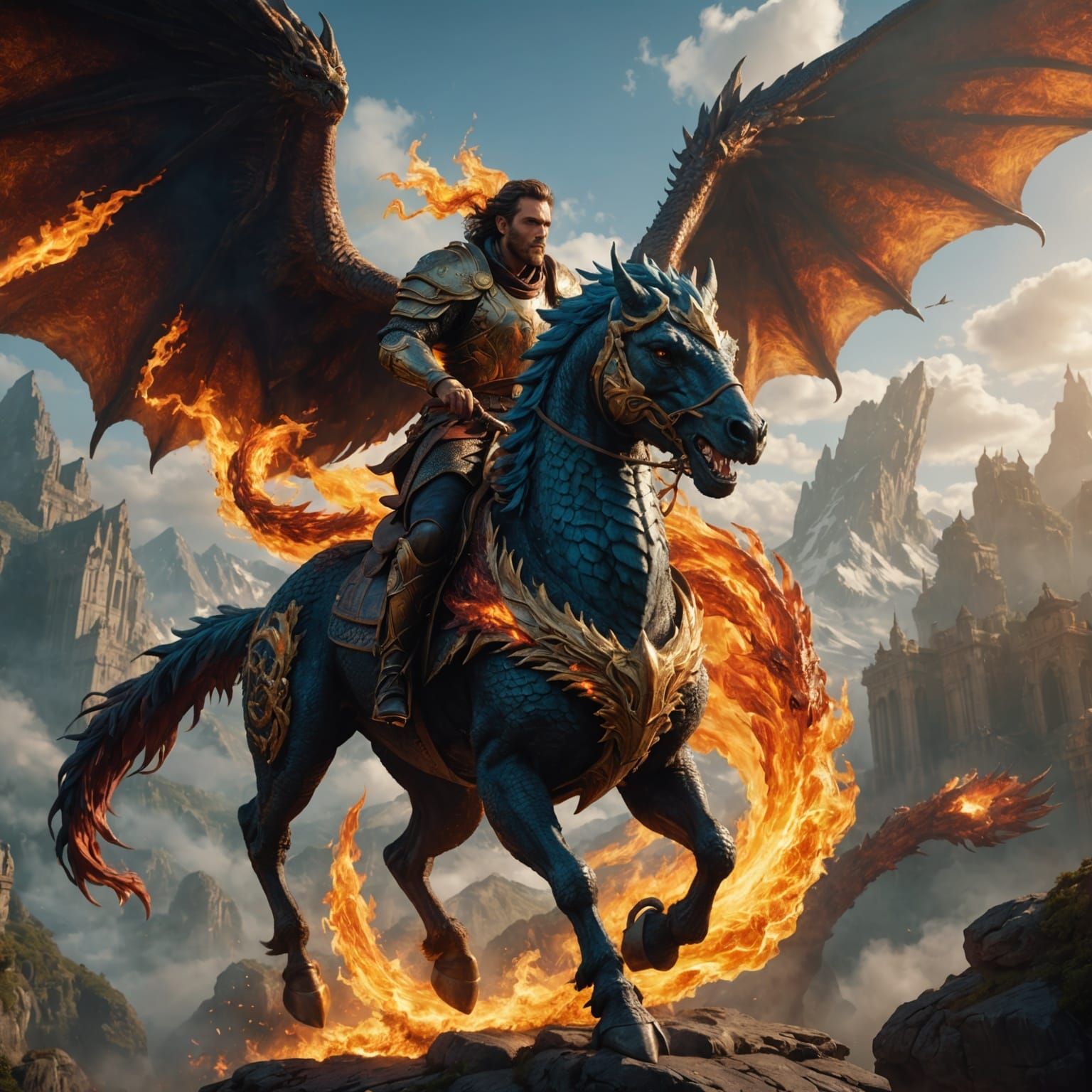 Pegasus Rider Battles Dragon in Fantasy Art