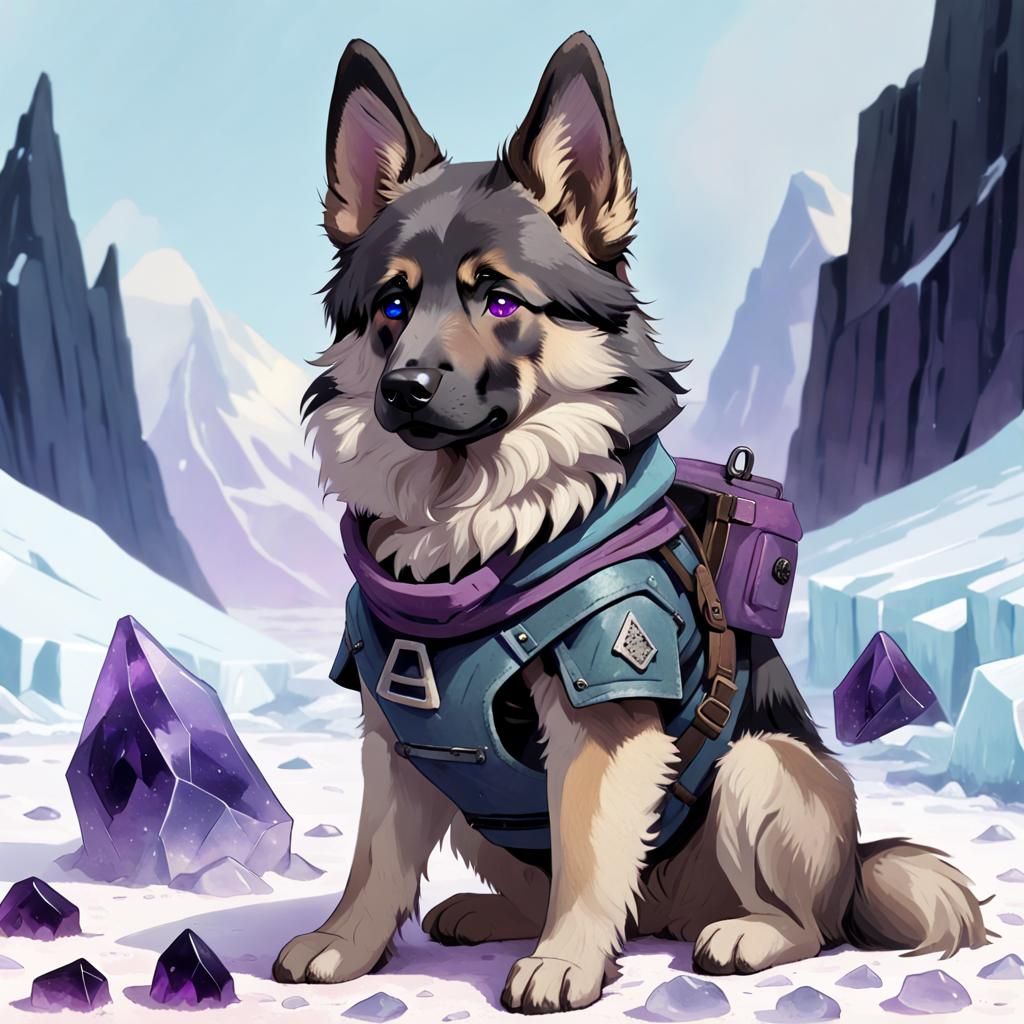 Majestic Arctic Alsatian in Dark Post-Apocalyptic Landscape