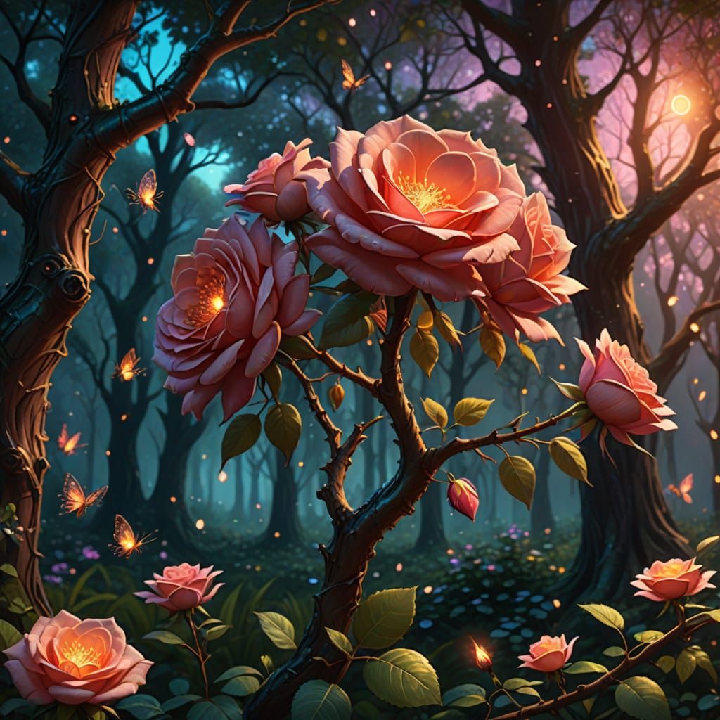 Vibrant Rose Blossom Tree in Fantasy Forest