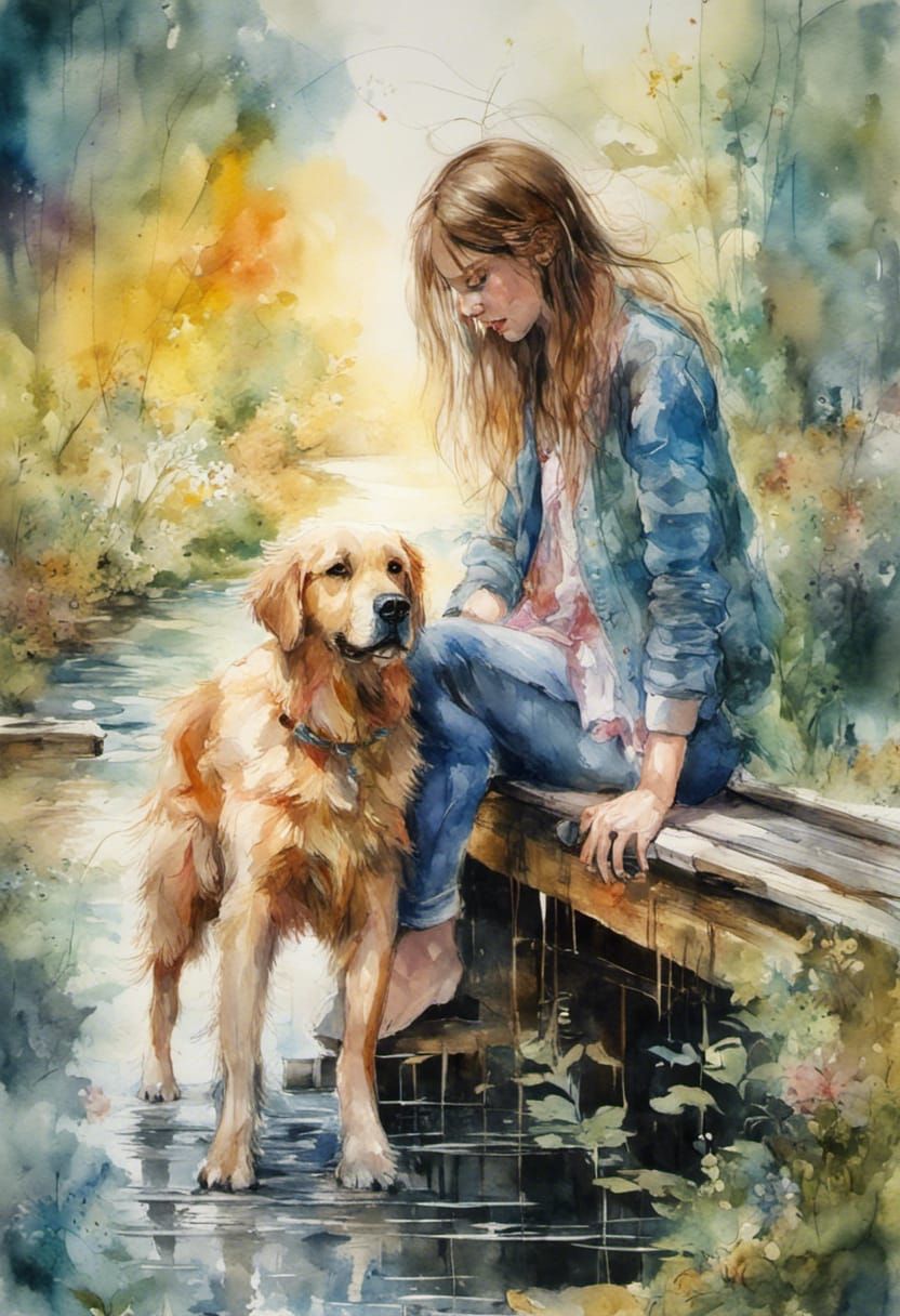 Girl with Dog on Bridge, Watercolor Painting