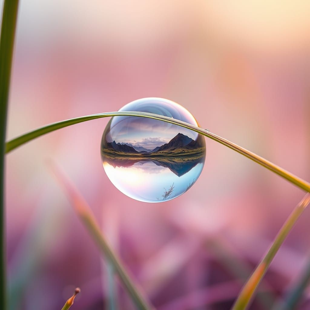 Surreal Landscape Reflected in Dewdrop: Macro Photograph