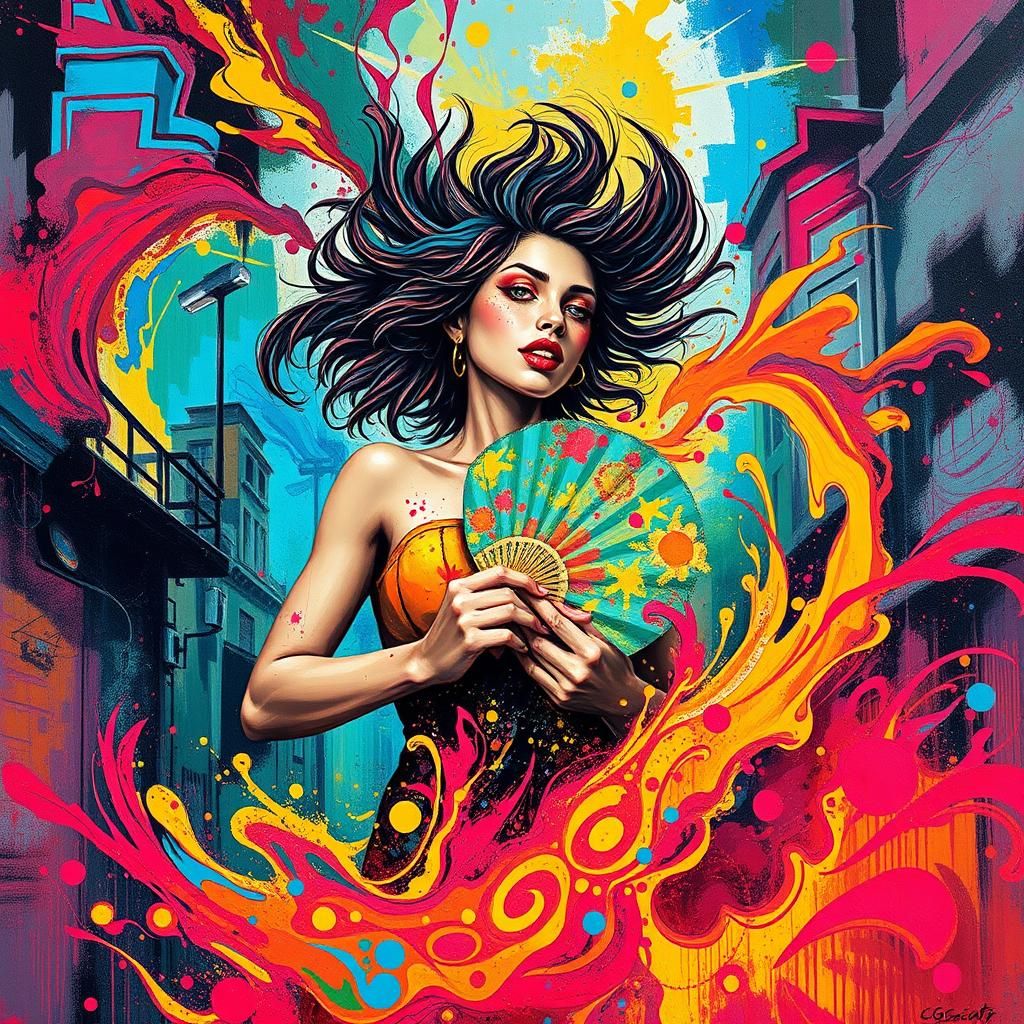 Expressive Graffiti Art of Woman in Polychromatic Whirlpool