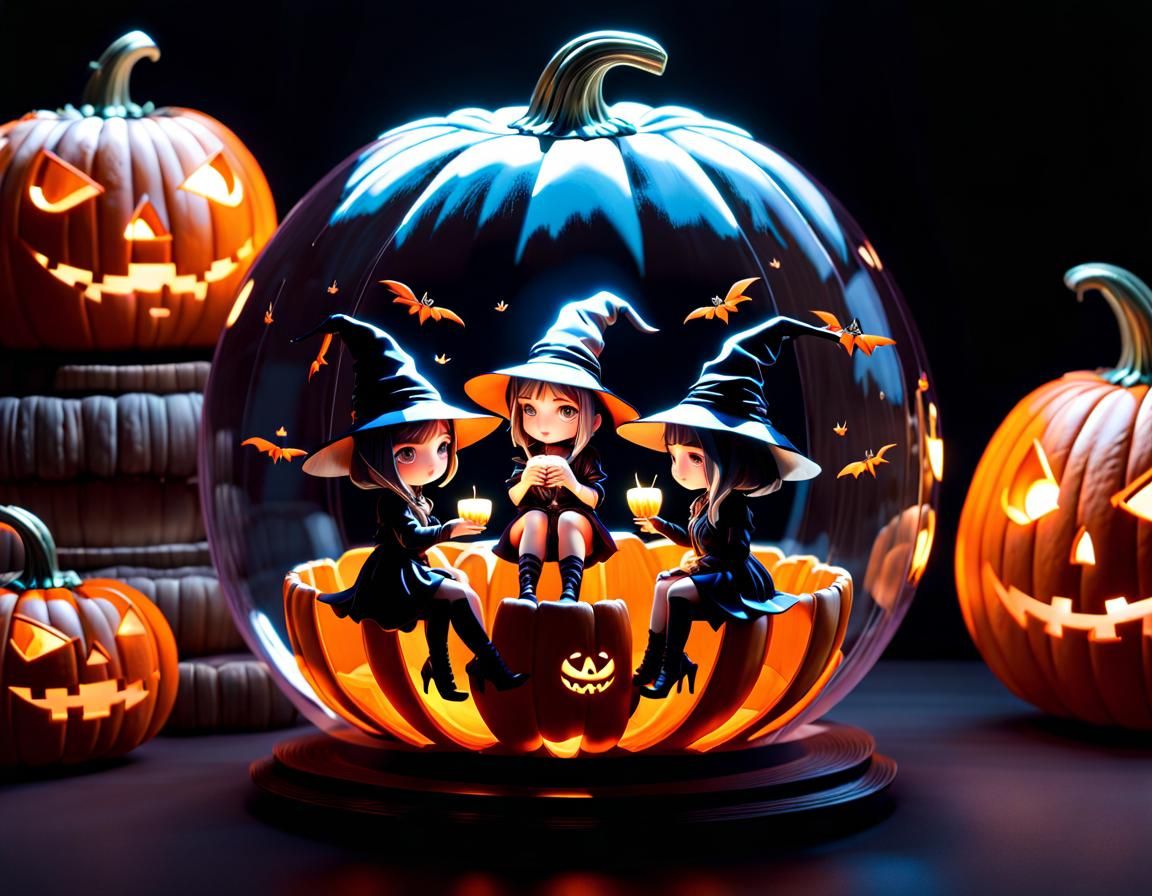 Chibi Witches in a Pumpkin Sphere