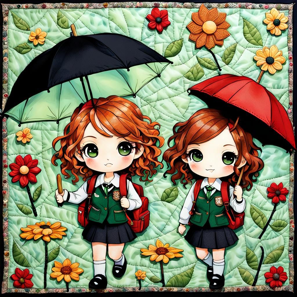 Chibi Girls in Quilt Art Inspired by Klimt