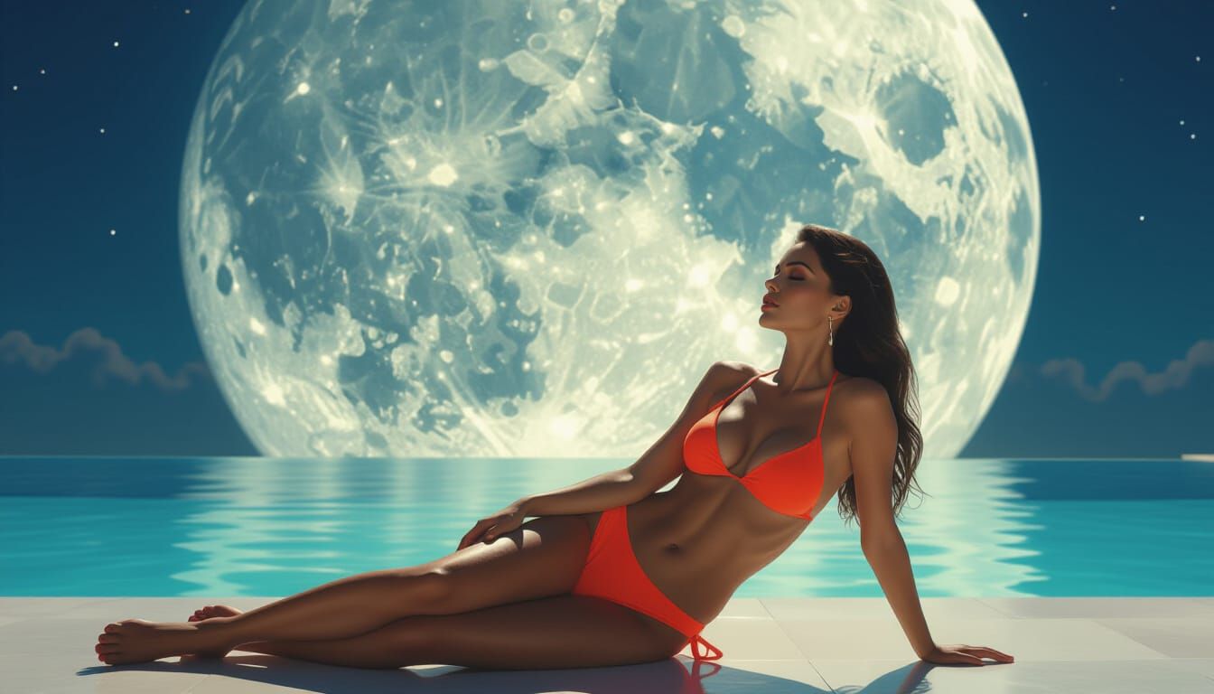 Woman Lounging by Pool Under Gigantic Moon