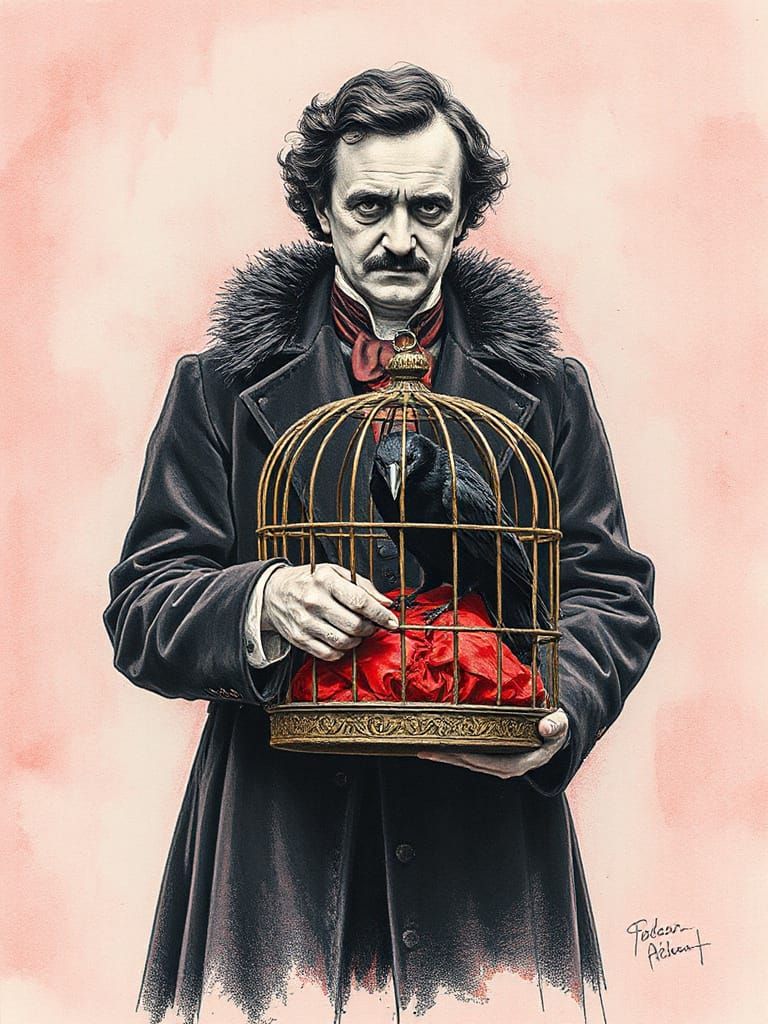 Edgar Allan Poe with Raven in Birdcage Pencil Sketch