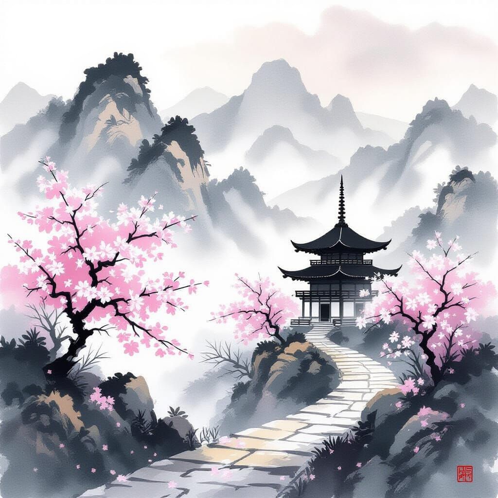 Temple in Misty Mountains: A Sumi-e Landscape