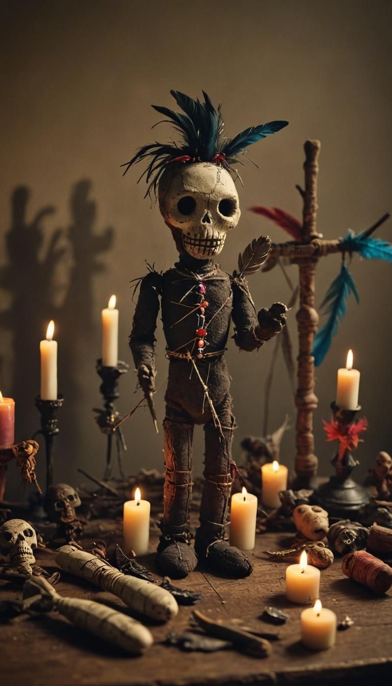 Mystical Voodoo Dolls on Dimly Lit Altar