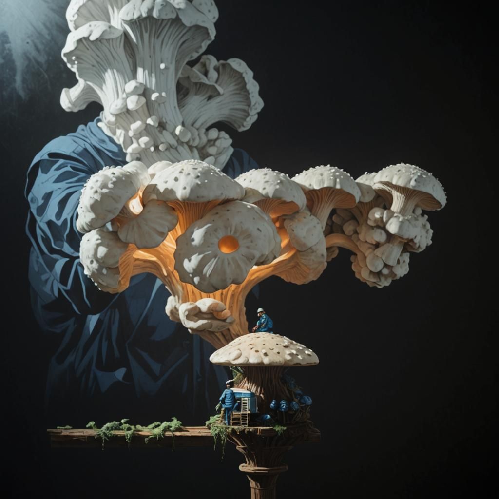 Indonesian Porcelain Workers and Giant Mushrooms: Linocut Pr...