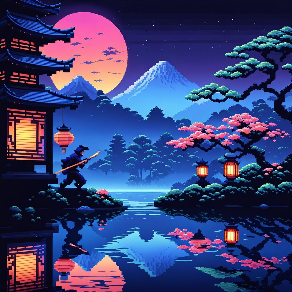8-Bit Ninja in Japanese Garden Pixel Art